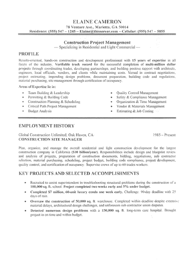 job resumes examples. Construction Manager Resume