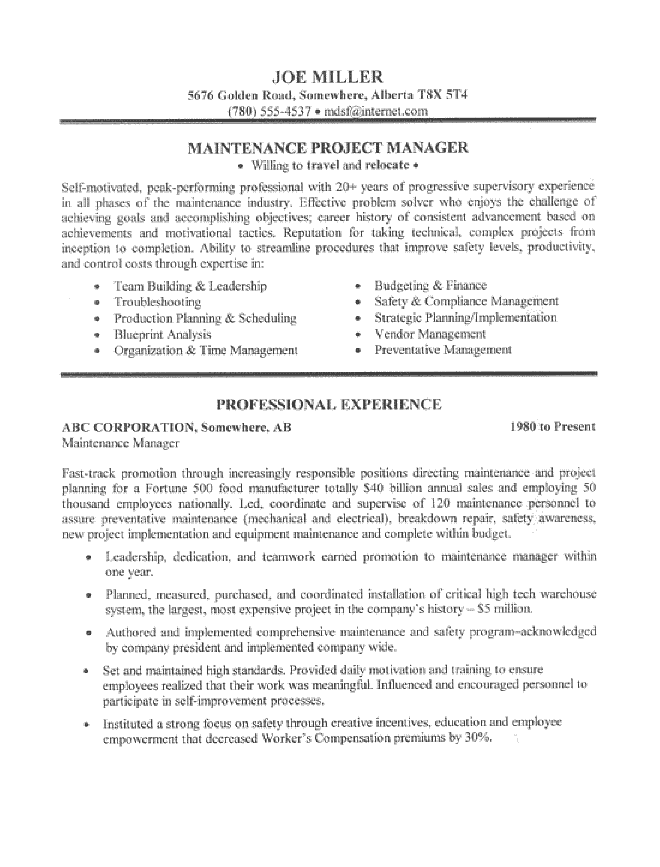 cv examples for job. Maintenance Manager Resume